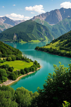 Panoramic view of natural scenery of mountain lakesの素材