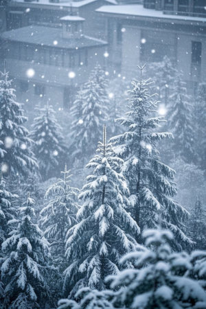 Pine landscape covered in snowの素材