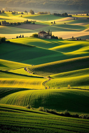 Pastoral green rolling field landscapeの素材
