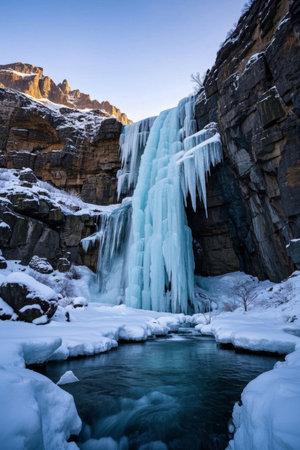 Winter mountain ice waterfall landscapeの素材