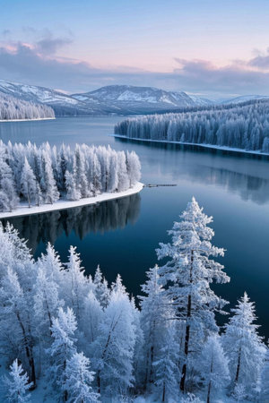 Winter snow covered forest lake sceneryの素材