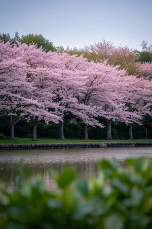 Blooming cherry trees by the lakeの素材