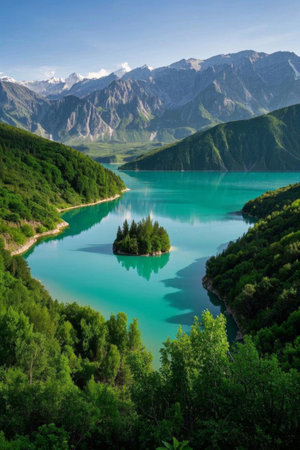 Green lake scenery surrounded by green mountainsの素材