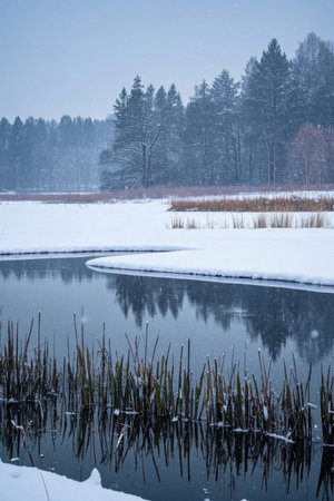 Tranquil waters beside a snow covered forest in winterの素材