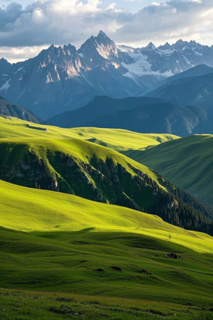 Emerald grassland scenery at the foot of the mountainsの素材
