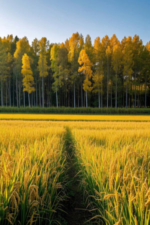 Golden rice fields and idyllic scenery of woodsの素材