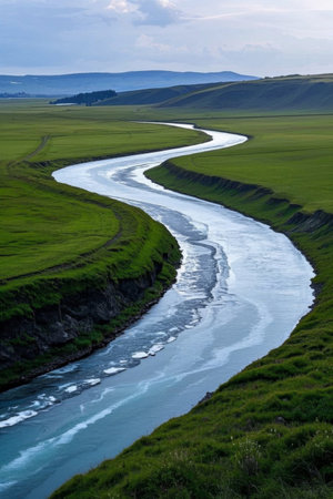 Grassland winding river sceneryの素材