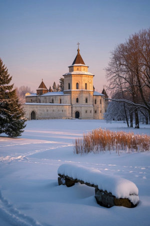 A view of an ancient church covered in snow in winterの素材