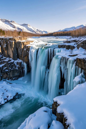 Magnificent waterfall views in the winter snowの素材