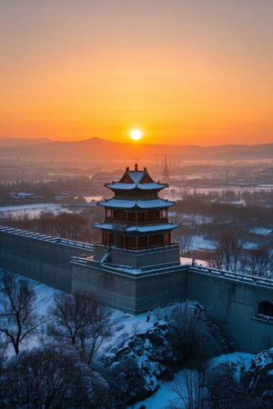 Sunrise view of the ancient city wall after the snowの素材