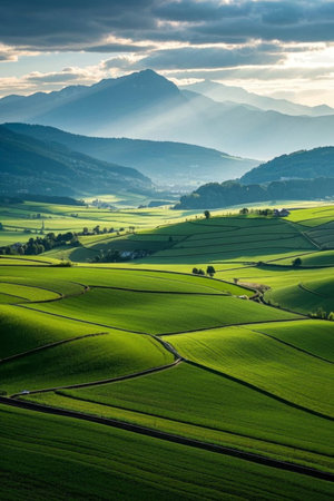 Pastoral scenery, hills and beautiful light and shadowの素材