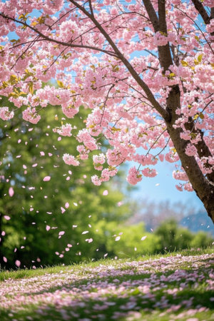 Cherry blossom trees in bloom and falling petalsの素材
