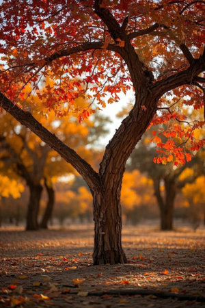 Red leafed trees in an autumn parkの素材