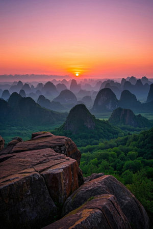 Panoramic view of the sunrise over the Guilin mountainsの素材