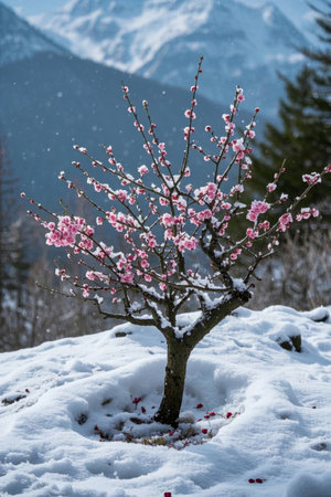 Pink plum trees blooming in the snowの素材
