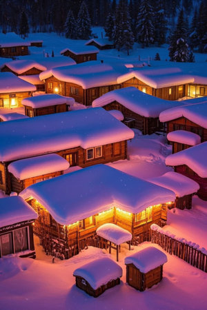 Groups of wooden houses on a snowy nightの素材