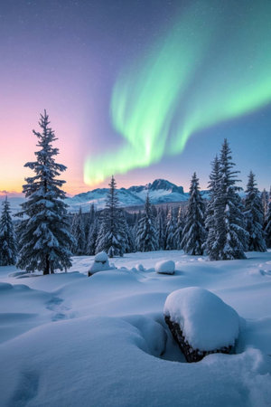 Aurora scene over the snow forestの素材