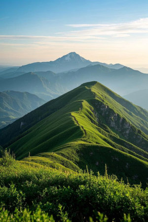 Outdoor green mountains and distant natural sceneryの素材
