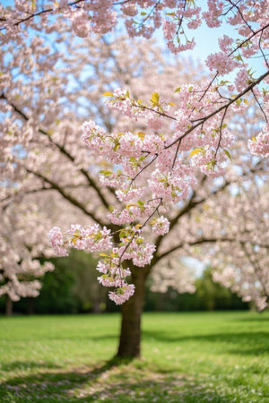 Cherry blossom trees in full bloom and grassy landscapeの素材