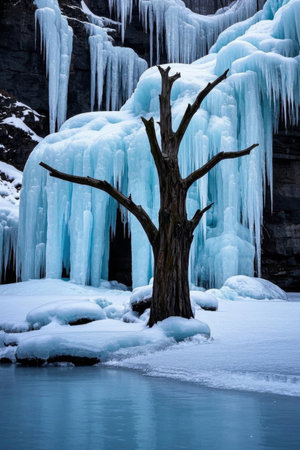 Dead tree landscape in front of the icefallの素材