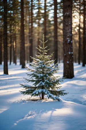 A scene of small pines in a snow covered forestの素材
