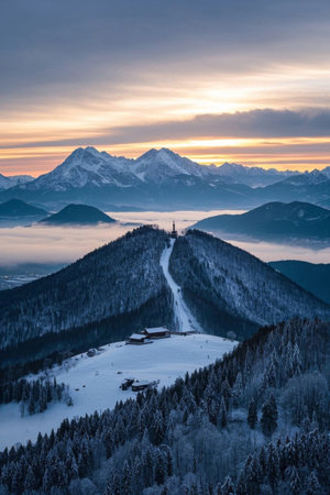 Panoramic view of sunrise over Snow Mountain Forestの素材
