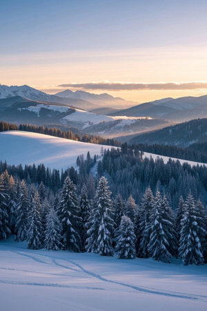 Winter scenery of snow covered mountains and distant mountainsの素材