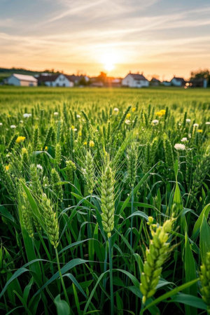Wheat fields at sunset and houses in the distanceの素材