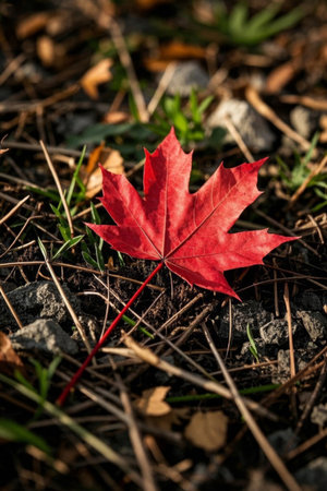 Red maple leaves on the groundの素材