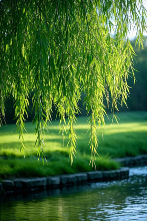 Waterside nature under weeping willowsの素材