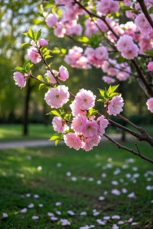 Pink cherry blossoms in bloom in the parkの素材