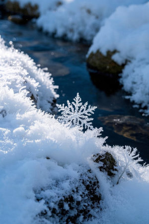 Close up of snow and snowflakes by the streamの素材