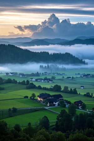 A village shrouded in mist in the pastoral mountainsの素材