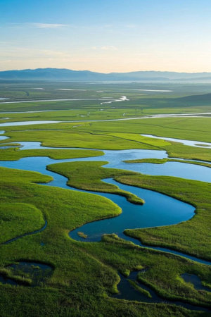 Aerial panoramic view of grassland riversの素材