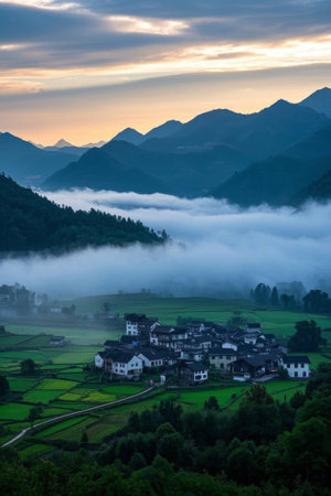 Morning view of mountain villages and sea of cloudsの素材