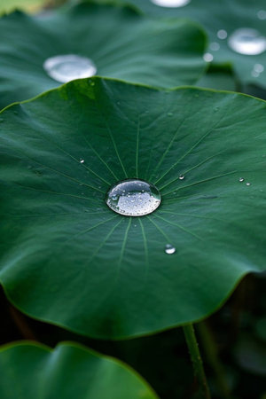 Close up of water droplets on lotus leavesの素材