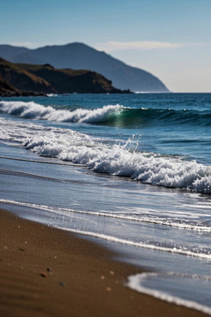 Natural landscape with waves crashing on the beachの素材