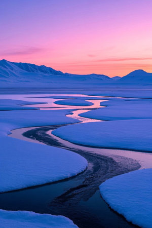 Sunrise over a winding river in the snowの素材