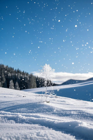 Snow covered small tree scenery in the snowの素材