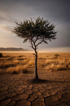 Lone trees and cracked land landscape in the wildernessの素材