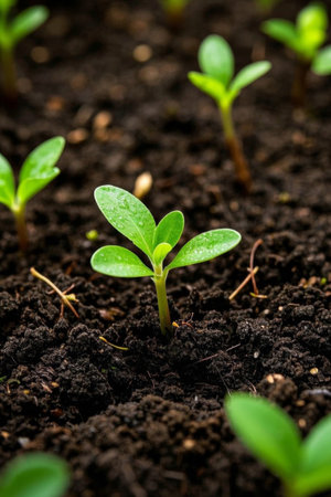 Young green seedlings growing in the soilの素材