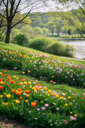 Colorful tulips blooming by the lakeの素材