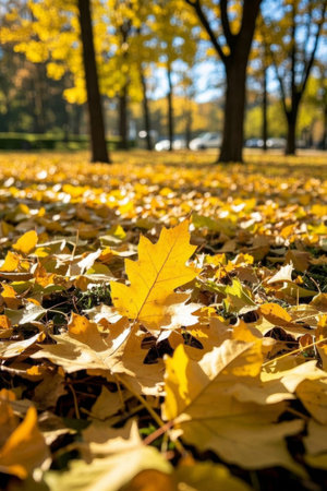The park's autumn ground is covered in golden and fallen leavesの素材