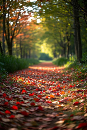 Forest path paved with fallen leaves in autumn forestの素材