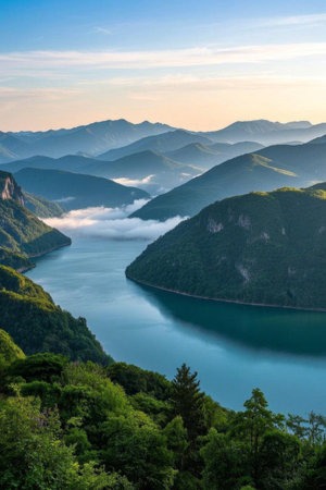 Panoramic view of natural scenery among mountains and riversの素材