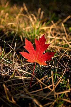 Red maple leaves on the grassの素材