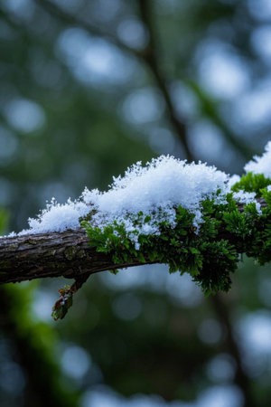 Close up of green branches covered in snowの素材