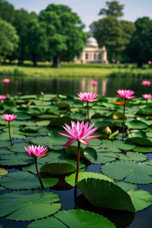 Pink water lily blooming in the pondの素材
