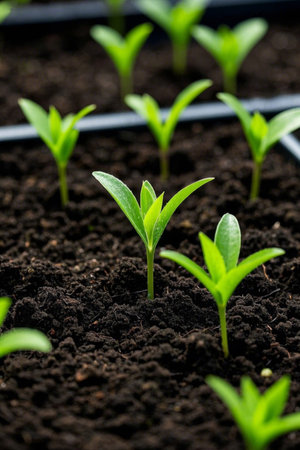 Young green seedlings growing in soilの素材