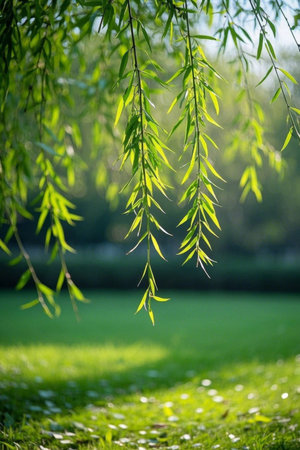 Weeping willows and grass natural sceneryの素材